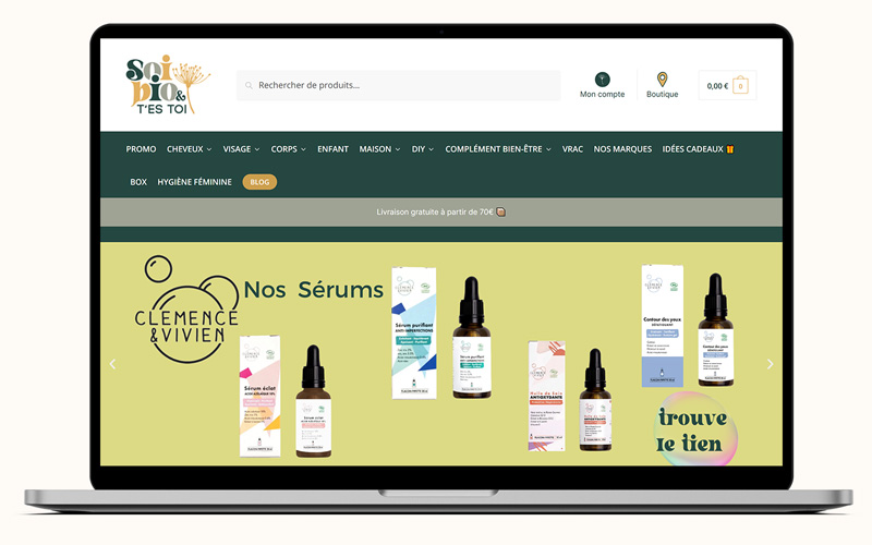 Exemple de création de site internet pour Soi Bio et T'es Toi boutique e-commerce produit Bio à Orléans