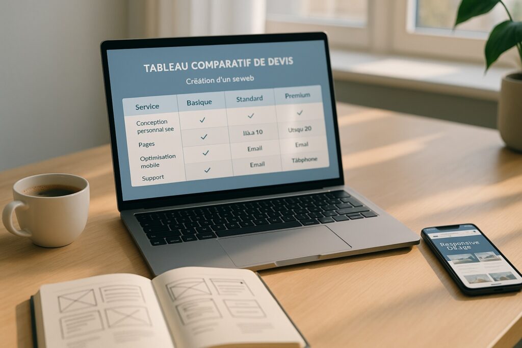 Tableau de devis site internet affiché sur un ordinateur portable dans un bureau moderne