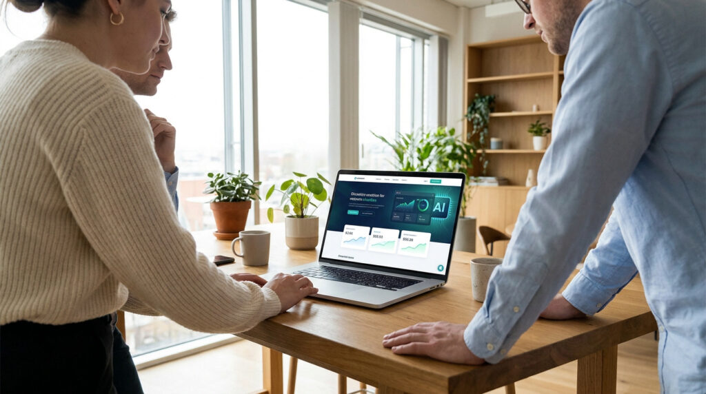 Deux personnes regardent un ordinateur portable affichant un tableau de bord avec des graphiques et une icône IA, symbolisant l'analyse de données pour les entreprises.