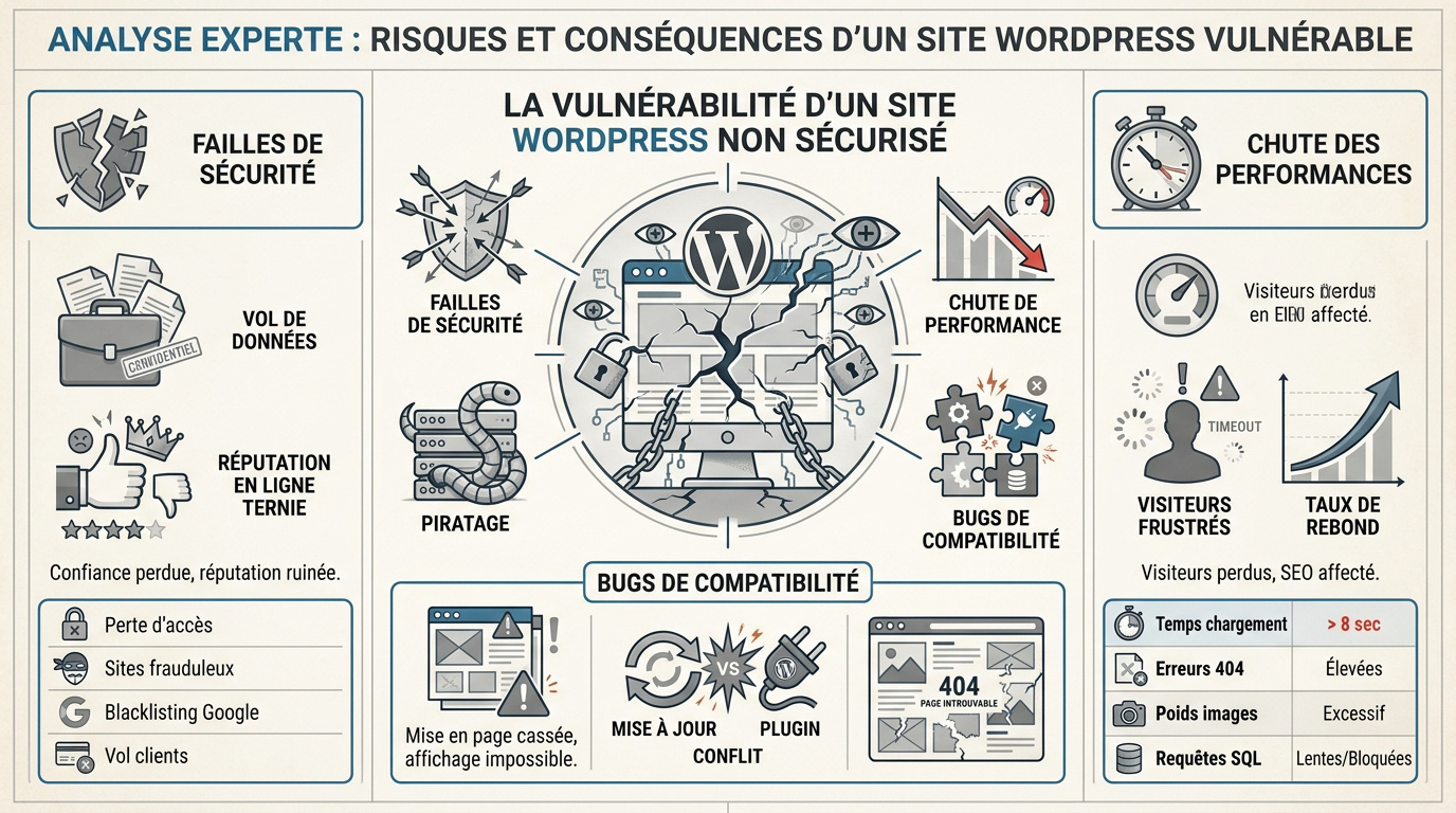 Infographie montrant les risques de piratage et de bugs sur un site WordPress non maintenu