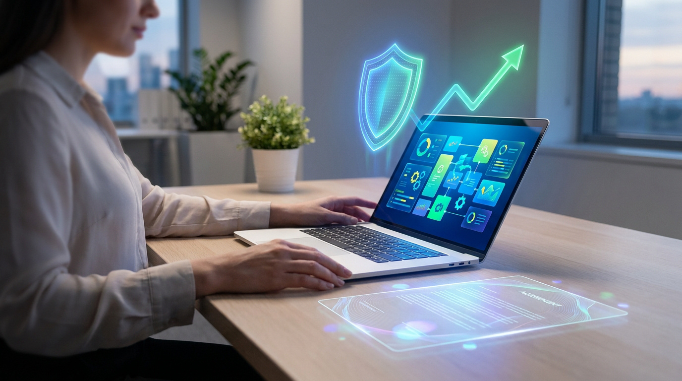 Femme utilise un laptop. Icônes numériques de bouclier, flèche de croissance et contrat "AGREEMENT" s'affichent. Thème : maintenance WordPress.