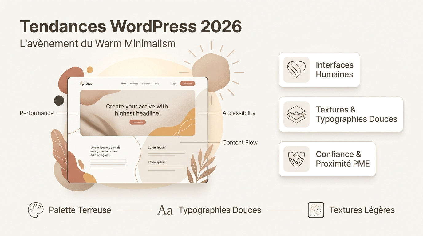 Interface WordPress 2026 illustrant le warm minimalism avec des tons terreux et des formes organiques