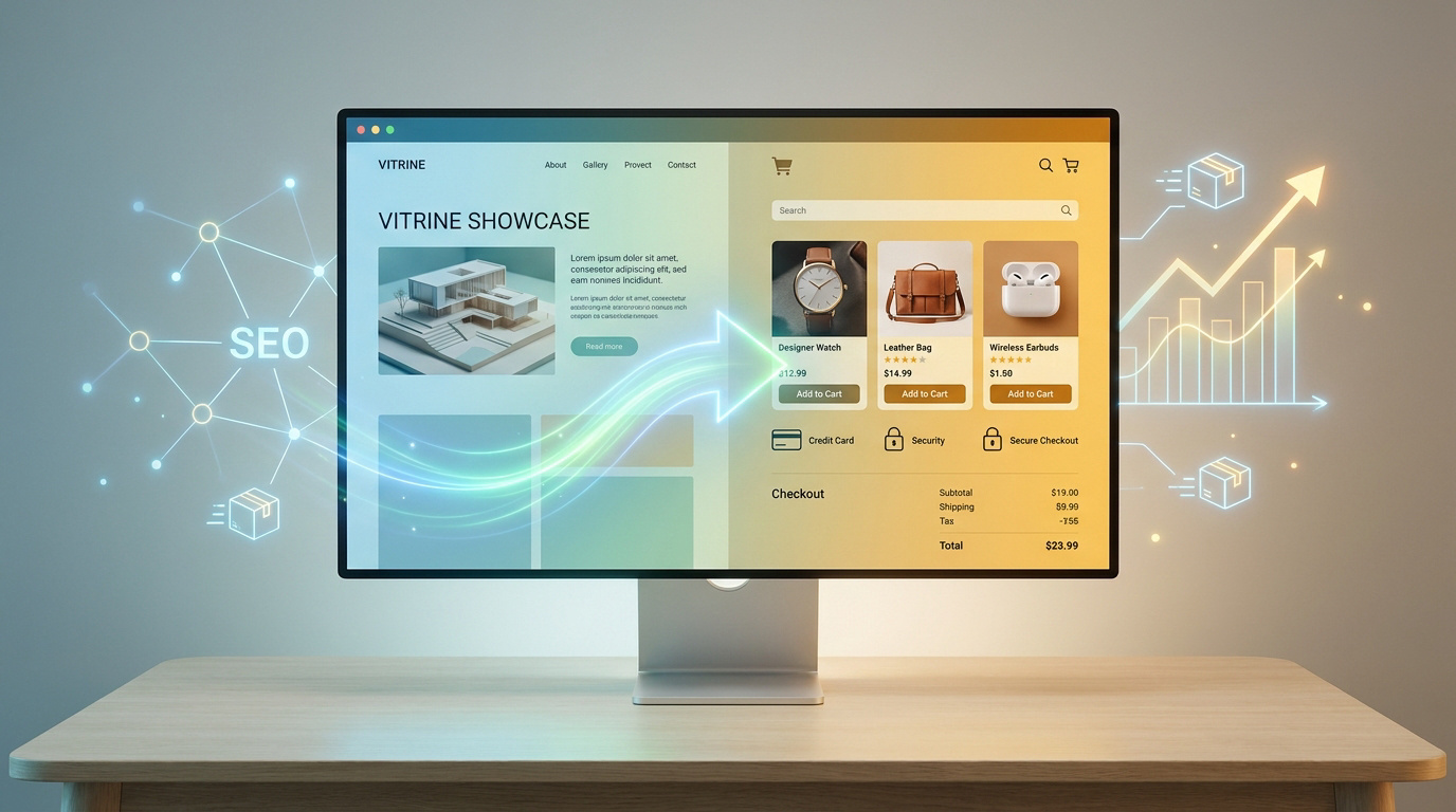 Moniteur affichant un site e-commerce avec SEO, produits, paiement sécurisé et graphiques de croissance des ventes.