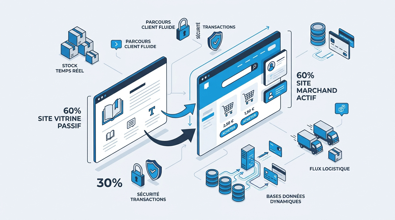 Schéma de la transition technique entre un site vitrine et une boutique e-commerce