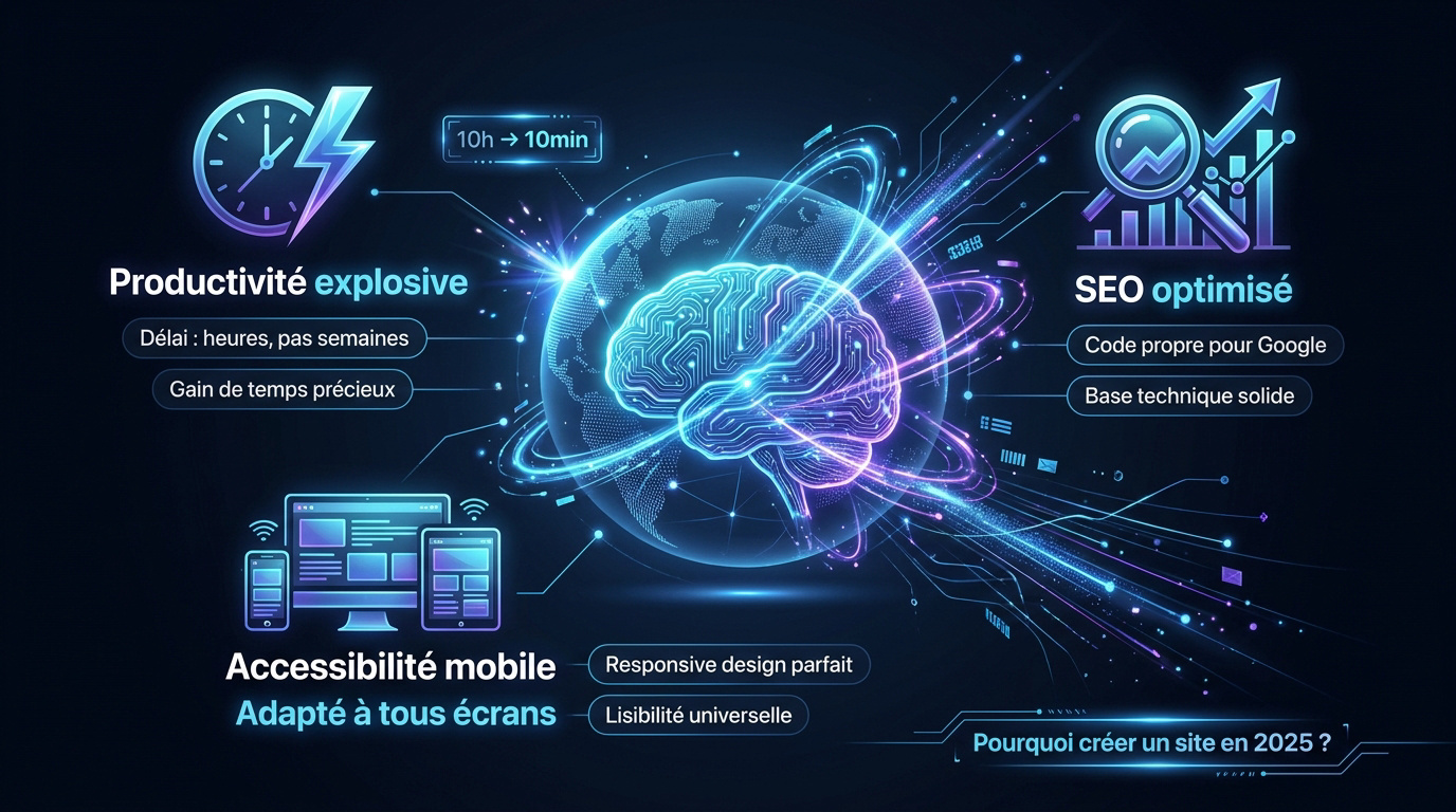 Interface futuriste de création de site internet par intelligence artificielle montrant des graphiques de performance et de design