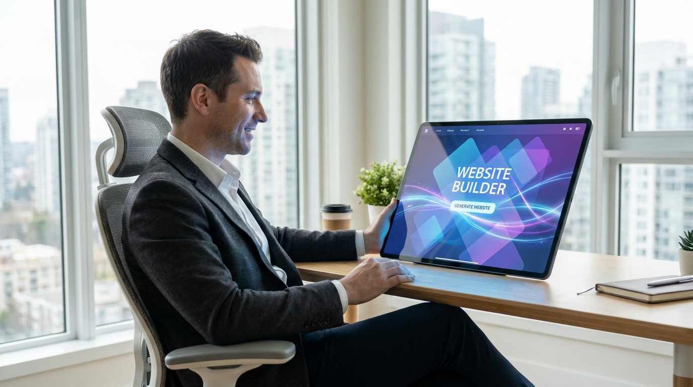 Un homme en costume utilisant une tablette pour créer un site internet avec une interface d'intelligence artificielle.